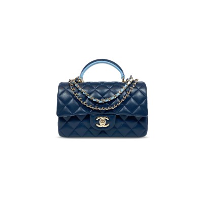 CHANEL MINI TOP HANDLE RECTANGULAR FLAP BAG QUILTED LAMBSKIN NAVY AND LIGHT BLUE 360047 (20*13*6cm)